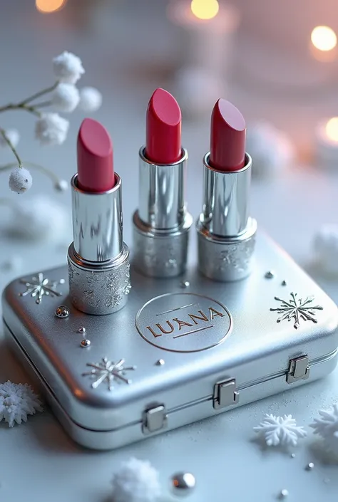 a photo with 3 earthy pink lipsticks on a silver-plated case with winter motifs with the LUUNA logo engraved on the case