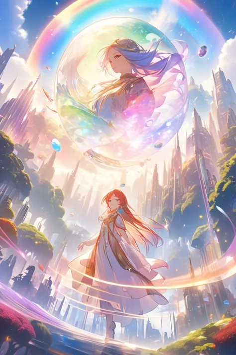  top quality , Super fine, 16k, 2.5D,  Delicate and Dynamic Depiction ,Floating in the sky,Mars, long hair,Play sacred sounds with beautiful game characters singing voices,  Transparent, translucent, and rainbow-colored barriers break , Game Production Eff...