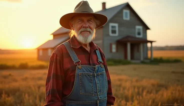 Walter Harris, a rugged older man in his early 90s, stands tall in front of his weathered farmhouse. He’s wearing worn denim overalls, a flannel shirt, and a faded straw hat. The golden light of the sunrise highlights his deeply lined face, filled with pri...