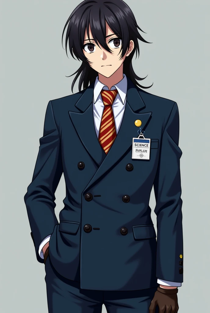 Live Action Teen Asian Japanese Boy with Long hair Wearing a Baggy Double Breasted Dark Blue Suit jacket, With a Science Patrol Badge Over a White Dress Shirt and Striped Red and Orange Tie, With the Sleeve cuffs Covering the palms, With Leather Gloves, an...