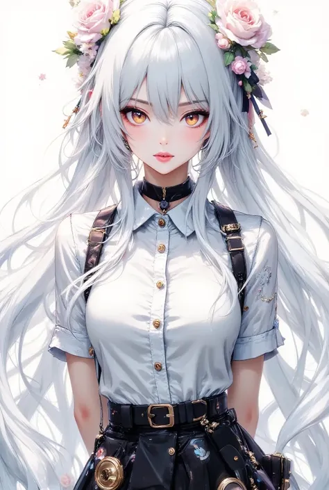 ((masterpiece, best quality)), (1girl), (solo), (female focus), (ahoge, white hair, very long hair), golden eyes, clear smile, open mouth, ((white shirt), (buttoned shirt), (gap button)), ((black skirt), (short skirt)), standing, white background, arms beh...