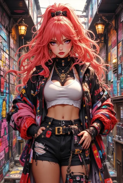 (masterpiece, best quality, 1 girl, solo, intricate details, chromatic aberration), realistic, ((medium breath)),long hair, red hair, red decoration on the head, pink highlights, amber eyes, earrings, sharp eyes, necklace, neon shirt, ripped shorts, unbutt...