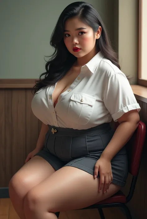 An hot asian girl wearing school uniform big huge boobs chubby figure hot pose on chair 