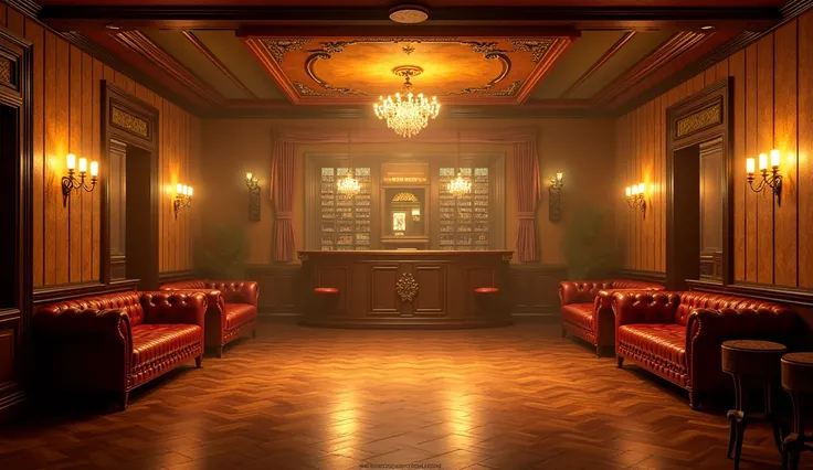 A vintage nightclub interior from the mid-20th century, featuring a retro design with warm yellow lighting, a cozy dance floor, and an old-fashioned bar area. The setting includes stylish furniture with a classic 1940s-1950s aesthetic, including leather co...