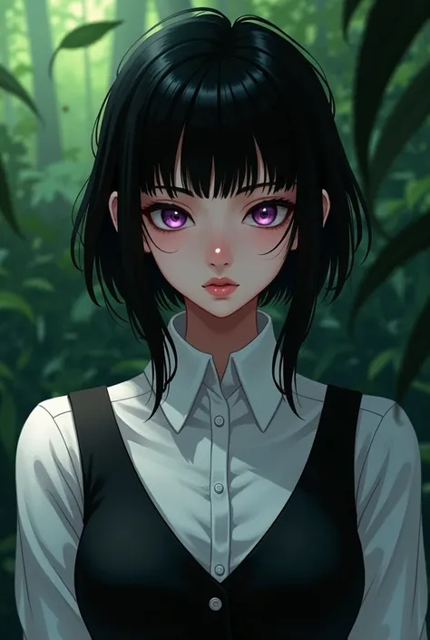 man,rwmaja female , short mullet hair in black,  purple violet eyes ,  flat facial expression ,  withe shirt ,  black vest cute , half body, jungle background
