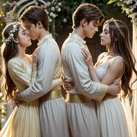 

" Romeo + Juliet. The scene focuses on Romeo and Juliet, embracing tenderly under a warm, golden sky, symbolizing their tragic love amidst conflict. Subtle hints of the two rival families’ symbols, such as crests or banners, appear in the background, but...