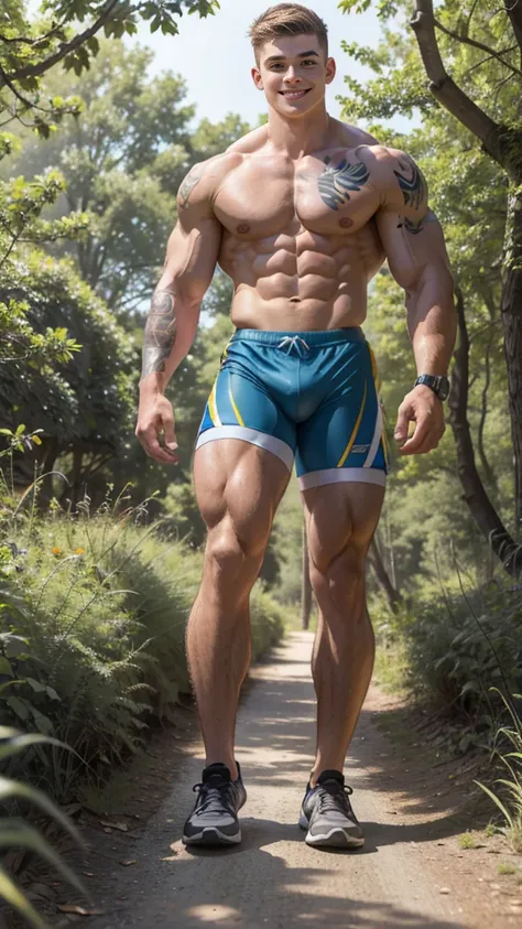 white skin,  18 year old bodybuilder, highschool freshman,  dressed in tight cycling shorts, topless  many tattoos, cute young face,  high detail faces, full body focus,  Shoot from a long distance,  muscular hunk in the sunny forest path,  smile, cute smi...