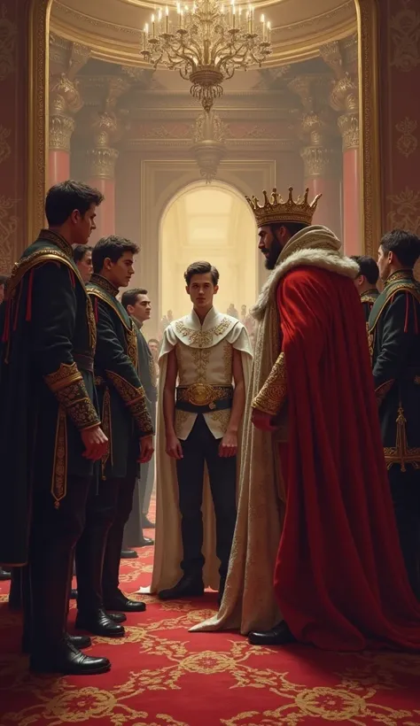 a young man faced the king, with a tense atmosphere and many royal guards