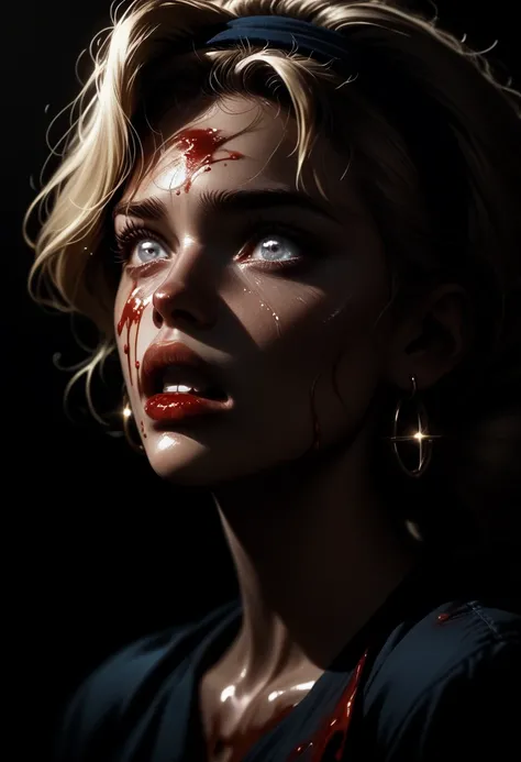  American plane, Blonde girl ((detallada)),  scared , white eyes, Has a headband,  shiny earrings , dressed elegantly,  blood on her face, lost look ,  dark background, Light and dark light . mysterious