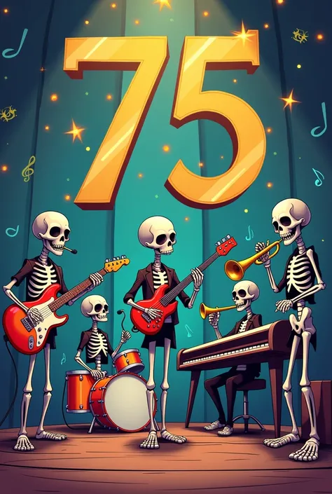 Cartoon of Skeletons playing the following instruments: guitar, bass, trumpet, saxophone, drums, timpani, piano and microphone with a sign in the background with the number 75