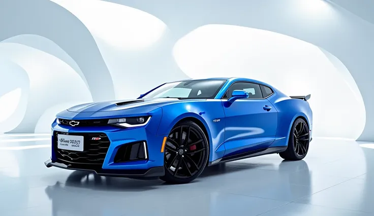 A captivating and futuristic image of the (2025  Chevrolet Camaro) is displayed in a luxurious white showroom. The car is painted in a striking vibrant ( blue COLOUR) hue, emphasizing its sleek, aerodynamic design with bold accents that highlight the cutti...