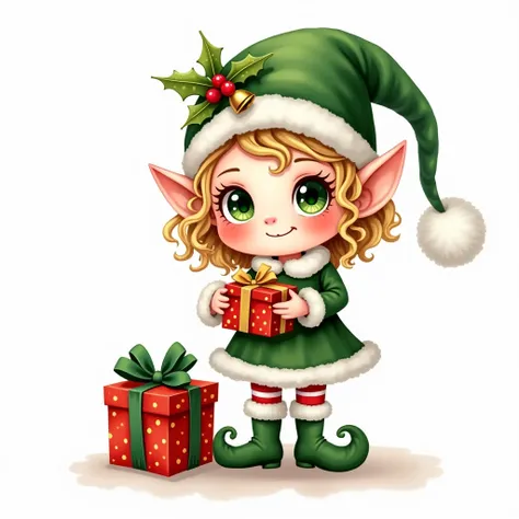 Create A high-definition, adorable digital illustration of a Christmas elf in a charming watercolor style. The elf is depicted as a cute, like character with curly blonde hair, large sparkling green eyes, and rosy cheeks. The elf wears a festive green and ...