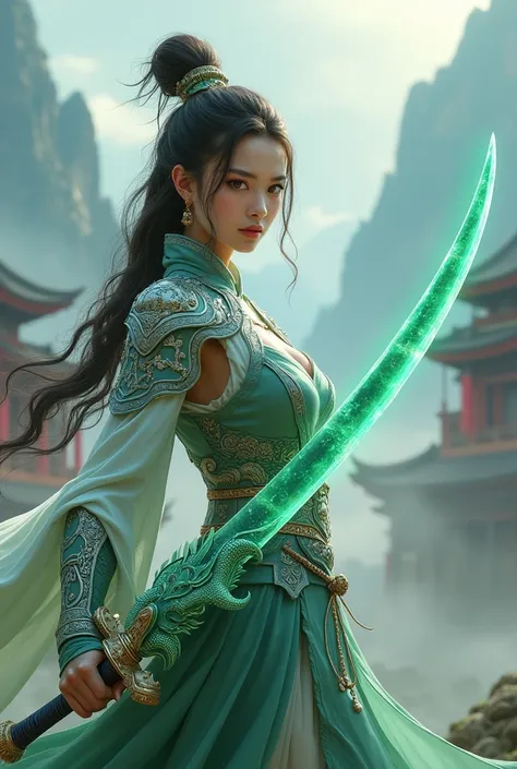 Woman Holding Busty Jade Dragon Sword