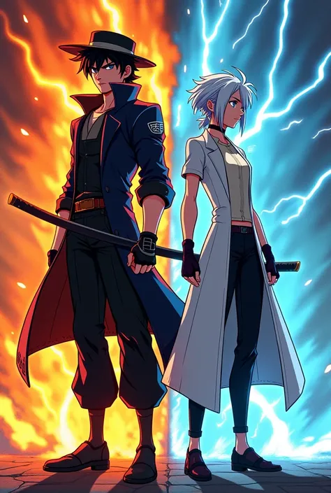 "Create a 2D animated image with two characters:

1. Ryu: Tall, muscular, with messy black hair, a dark coat, gloves, and a black hat. He carries a katana and has sharp, intense eyes, radiating power with his fire and lightning abilities.


2. Mira: Tall a...