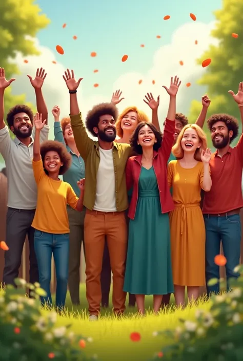 A diverse group of people of different ages and ethnicities celebrating together, their faces full of joy and gratitude. They are standing or sitting on a grassy hill, with a vibrant, uplifting atmosphere.
