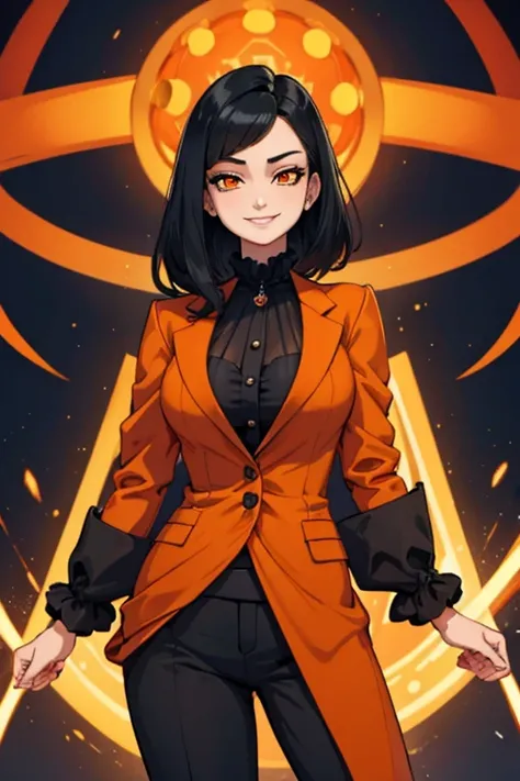 Perfect face. Perfect hands. A black haired woman with orange eyes in a cool orange suit is smiling in a Gothic ballroom