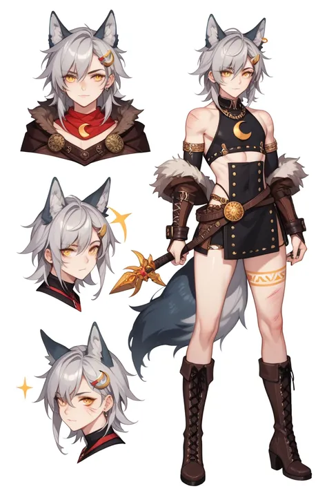 full body, femboy, fully clothed, An illustration, (masterpiece、最high quality、high quality)、pure white background, Character design, Character sheet, pale skin, wolf, wolf ears, wolf tail,  Faint glowing marks, like tribal runes or claw scratches, across o...