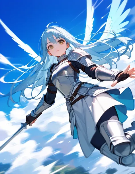 Score_9,Score_8_up,Score_7_up,highest quality, source_anime, highest quality, BREAK girl, knight, armor, light blue hair, long hair, brown eyes, (she do nosedive to viewer, rapid descent:1.3), (Flying on magical wings:1.3), motion blur, motion lines, BREAK...