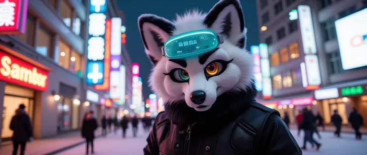 A hyper-realistic 3D render of a stylized anthropomorphic fox character in dynamic urban winter scene, cinematic composition, 8k resolution --ar 9:16

Main subject:

Athletic cyberpunk fox with sleek white-silver fur
Heterochromatic eyes (one cyan neon, on...