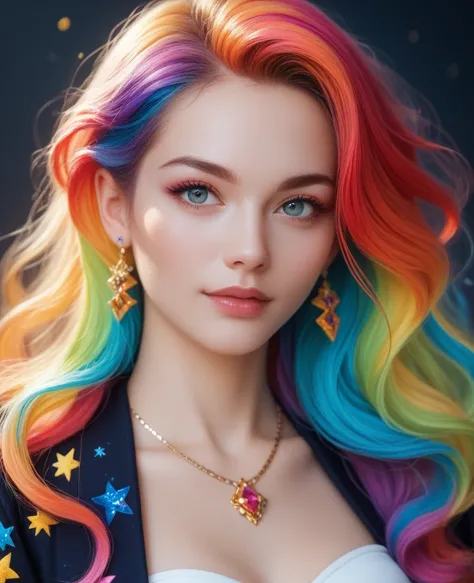 Close-up of a woman with colorful hair and necklace, anime girl with cosmic hair, Rossdraws soft vitality, Gouvez style artwork, fantasy art style, colorful], vibrant fantasy style, Rossdraws cartoon full of vitality, cosmic and colorful, Guweiz, colorful ...