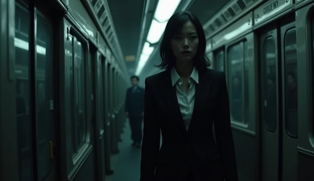 On a train at night, a Japanese woman in a suit is knocking on the conductors door. Eerie atmosphere.