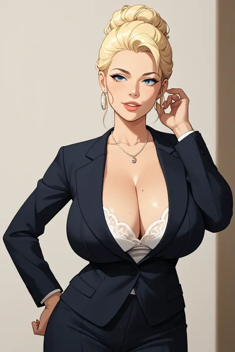 (masterpiece, highres, high resolution:1.2) a beautiful girl president of the united states in a suit with a great cleavage ,giving a speech at the altar in front of the american nation. , anime 30 yo girl, portrait, full body, illustration, drawn, blonde ...