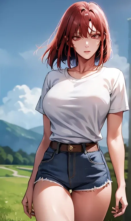 Face of a mature girl, red hair, ponytail, blue eyes, wearing a white transparent t-shirt, blue shorts frayed denim jeans, beautiful country side background,waist shot 