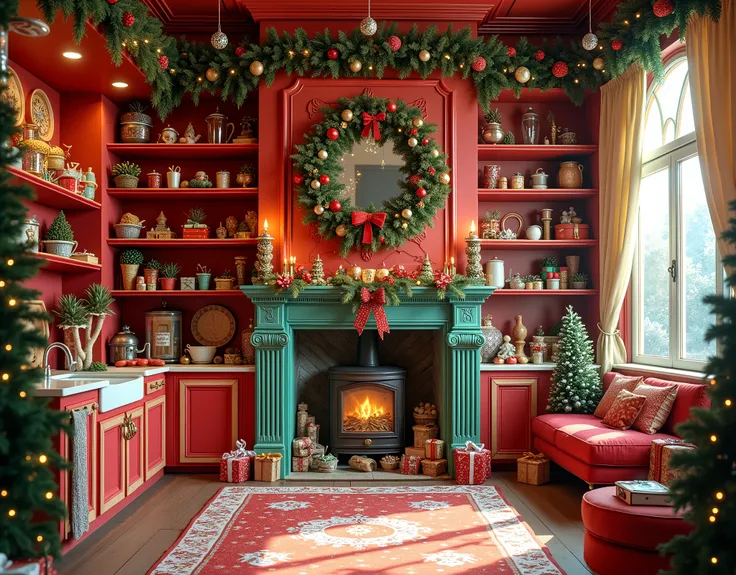 a photography studio with colorful Christmas kitchen theme with colourful gift boxes and toys, extremely detailed interior below with a mantle with baroque style Christmas shelves with kitchen utensils and decors backdrop, 