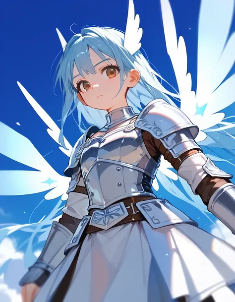 Score_9,Score_8_up,Score_7_up,highest quality, source_anime, highest quality, BREAK girl, knight, armor, light blue hair, long hair, brown eyes, (she do nosedive to viewer, rapid descent:1.4), (Flying), (magical wings:1.5), motion blur, motion lines, BREAK...