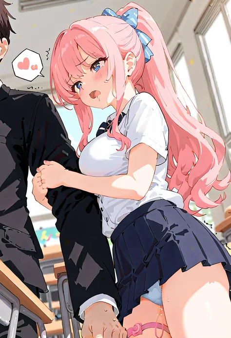 (masterpiece,beautiful,hughres,CG,8k,16k,best quality,high-resolution,detailed fingers,detailed hands,detailed legs,detailed eyes:1.5),from side,from below,panties focus,1girl,(classroom:1.5),(pink hair:2),(ponytail:1.5),(school uniform,white shirt,blazer,...