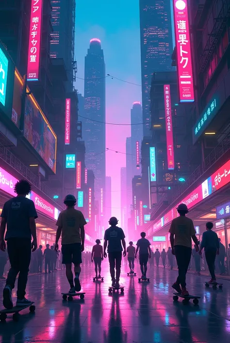 Neon and Chaos ":  Illustration of a futuristic city illuminated by neon lights ,  with characters in dynamic poses and details such as skateboards or modern headphones.