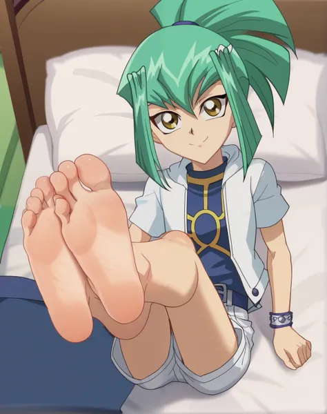 score_9, score_8_up, source_anime,
1boy, Leo, Yu-Gi-Oh, alone, looking at viewer, cowboy shot, ANIME SCREENCAP, anime coloring, in his bedroom, lying on the bed, lifting legs to show his soles, barefoot, perfect feet, anatomically correct, soles, from abov...