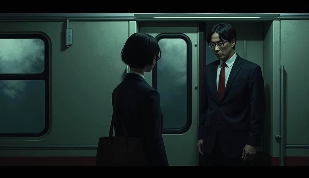 On a train at night, a Japanese woman in a suit is knocking on the conductors door. Eerie atmosphere.