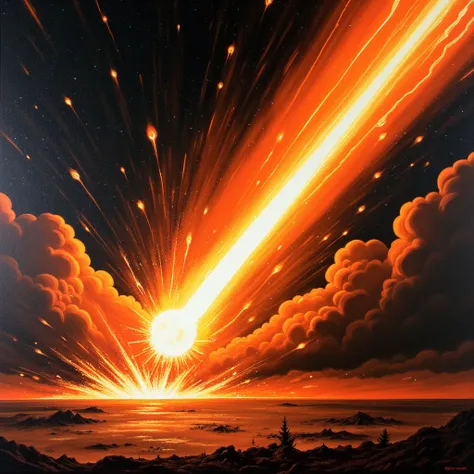 masterpiece, abstract painting,two-color style, only use two-color abstract painting in(electric orange) and (black ),meteorite,It falls while burning a fire, looks like it penetrates through clouds,Speed Lines,Fierce Sparks , Shattering Ground ,from side