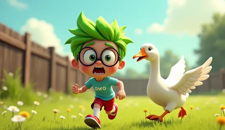 A humorous and dynamic scene of Owo, an  boy with bright green hair, big round glasses, wearing a light blue T-shirt with "owo" written on it, red shorts, knee-high socks, and red sneakers, running away in fear from an angry goose. Owo’s face is exaggerate...