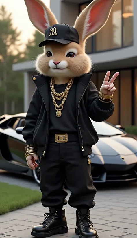 "An anthropomorphic rabbit character resembling a stylish cartoon figure, dressed in black luxury streetwear with gold chains, bracelets, and a cap. The character is standing confidently in front of a sleek black luxury sports car (Lamborghini) parked in t...