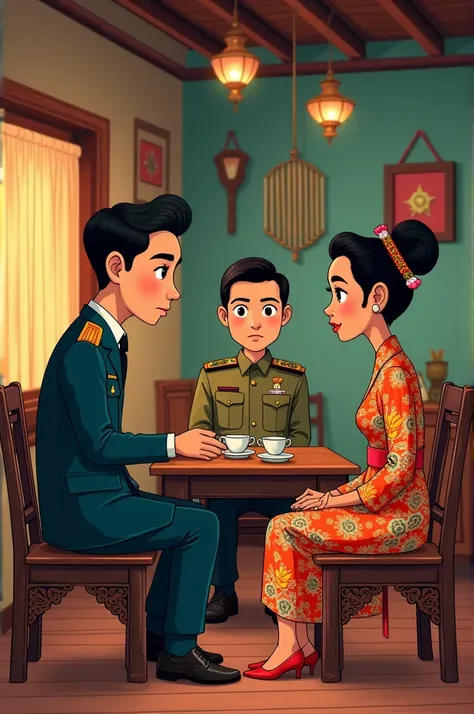 Create an image depicting a Myanmar military General, dressed in formal attire, sitting on a small, intricately carved wooden chair in a cozy village cafe, surrounded by rustic wooden tables and traditional Myanmar decor. His wife, adorned in a vibrant, in...