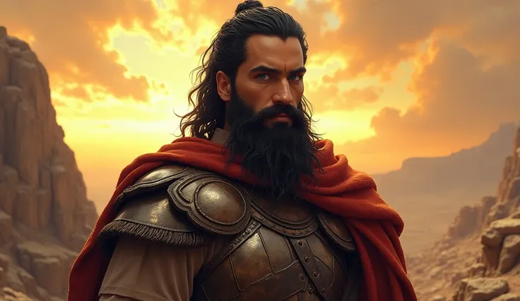 "Yehuda Maccabee, a strikingly handsome traditional Jewish warrior, stands with an air of determination and strength. He has deep blue eyes that shine with intensity and wisdom, framed by thick, jet-black hair and a well-kept beard. He wears a traditional ...