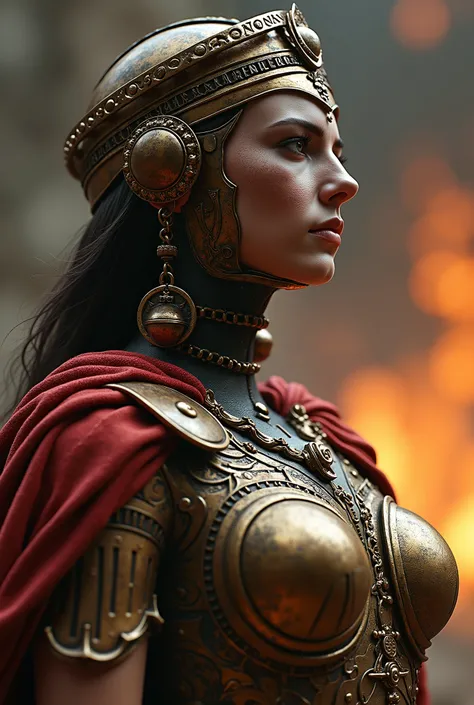 Roman goddess, warmonger, death, destruction and ruin, head to breast, legionnaire cybernetics. High Resolution, Masterpiece, Award Winning, Best Quality, High Details, High Quality, UHD, Optical Illusion, Impressionism, Art Deco, Cinematic, Cinematography...