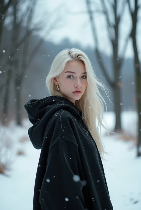 Beautiful platinum blonde in winter snow, hoodie black long