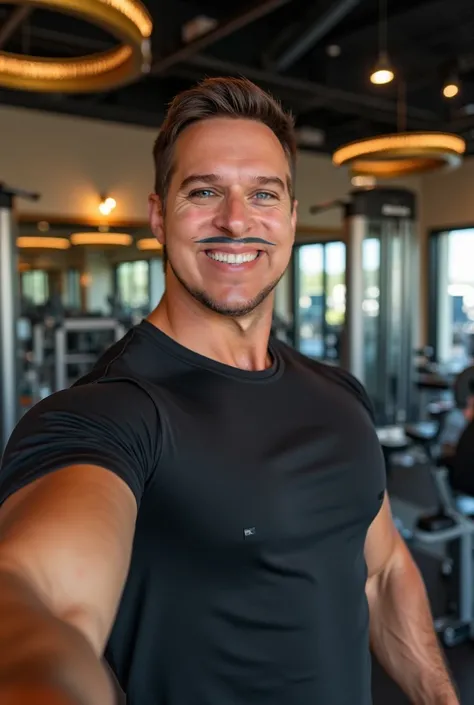  Very large white man , beautiful, with blue eyes, smiling, Wearing a tight t-shirt taking a selfie showing off a luxurious gym