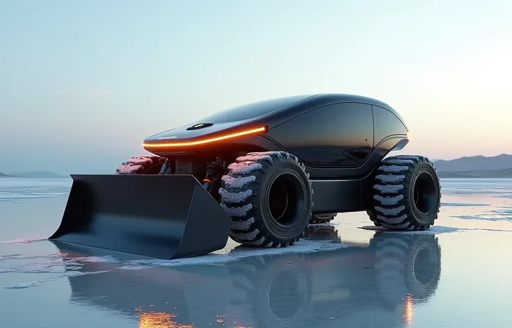 A a futuristic electric D20 BullDozer concept reamagined as an electric concept bulldozer for 2025 with top of the line LED headlight strip and modern day body curves, Sitting in the middle of a wide open salt lake, commercial quality image, 8k quality, hy...