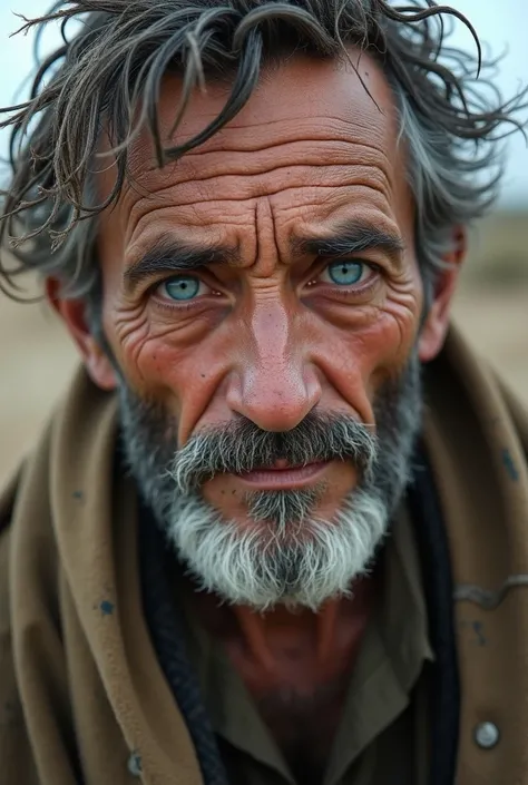 Close-up view of a man with light blue eyes with poor looking beggar type