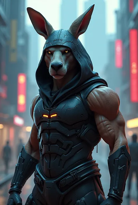 a muscular Assassins Kangaroo, wearing Futuristic hoody Sando