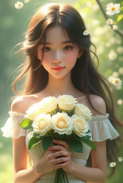 A girl holding a bouquet of white roses