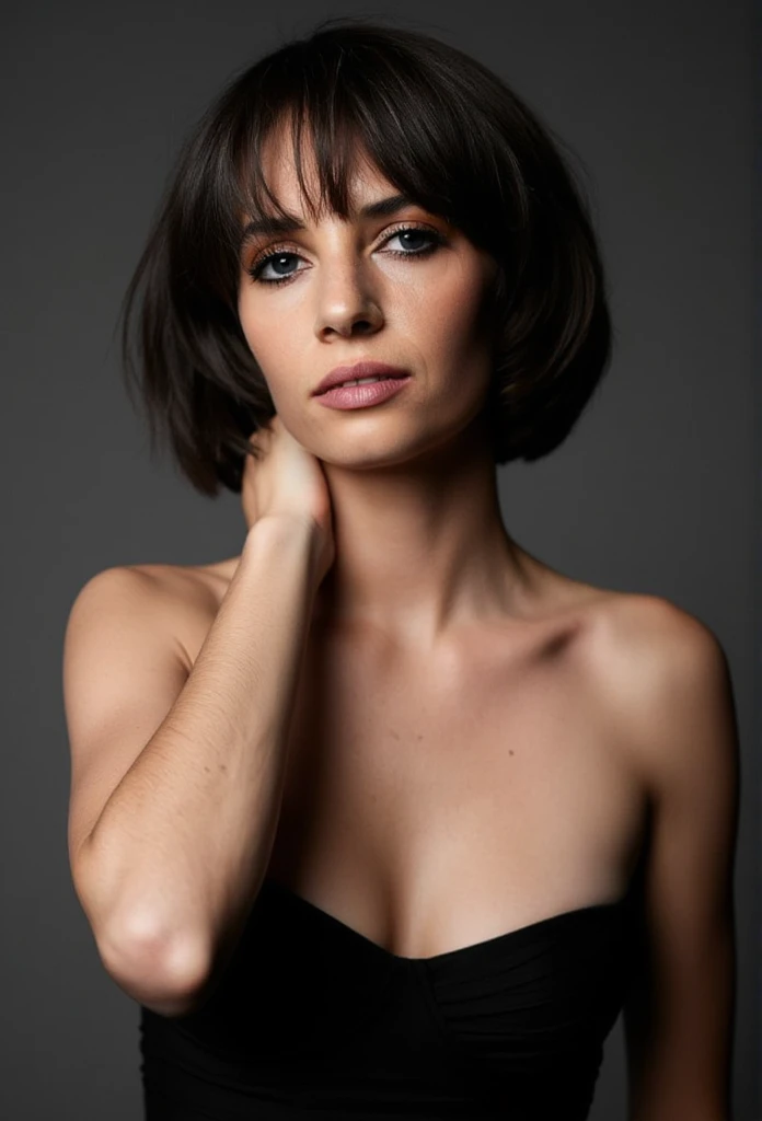 Maya Hawke, photo, standing frontally, black strapless dress, seductive, black bob cut hair with bangs, fixing hair