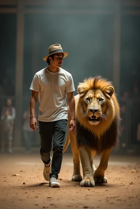 A young man in a hat wearing a short t-shirt walks with a lion in front of a live camera 