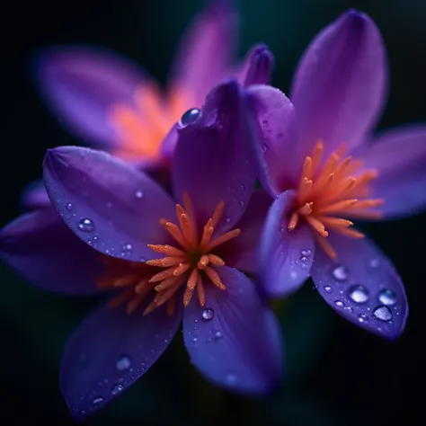 [Close-up of vibrant purple flowers with glowing orange stamens, covered in dewdrops, glowing softly against a dark background], [hyper-realistic, macro photography, vivid colors, dreamy lighting, sharp details, bokeh effect, ethereal mood].