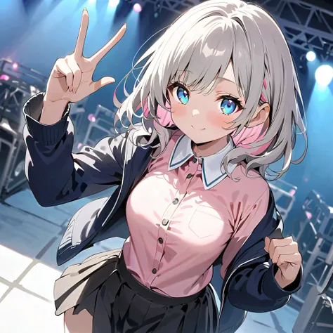 Make a peace sign、whole body、asymmetry bangs, swept bangs.,extends hands、 smile and be at peace with friends 、 、 wear a black hoodie Mike 、{{{masterpiece}}}, {{{ top quality}}}, {{ super detailed}}, {beautiful detailed eye},, ((Grey Hair)),(bangs), an...