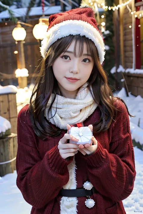 A stunning female Coquettish Japanese idol poses for a photo shoot on the snowing street. 14-years-old, messy short hair, small mouth

beautiful idol in red santa crochet sweater, red santa costume , scarf, knit cap, She has a box of gifts,Christmas gifts ...